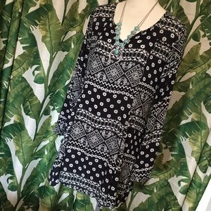 Black and White BoHo Bell Sleeve Tunic Dress